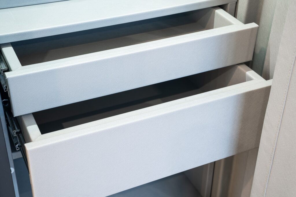 Jewellery and watch drawers lined in Warwick Plush Silver