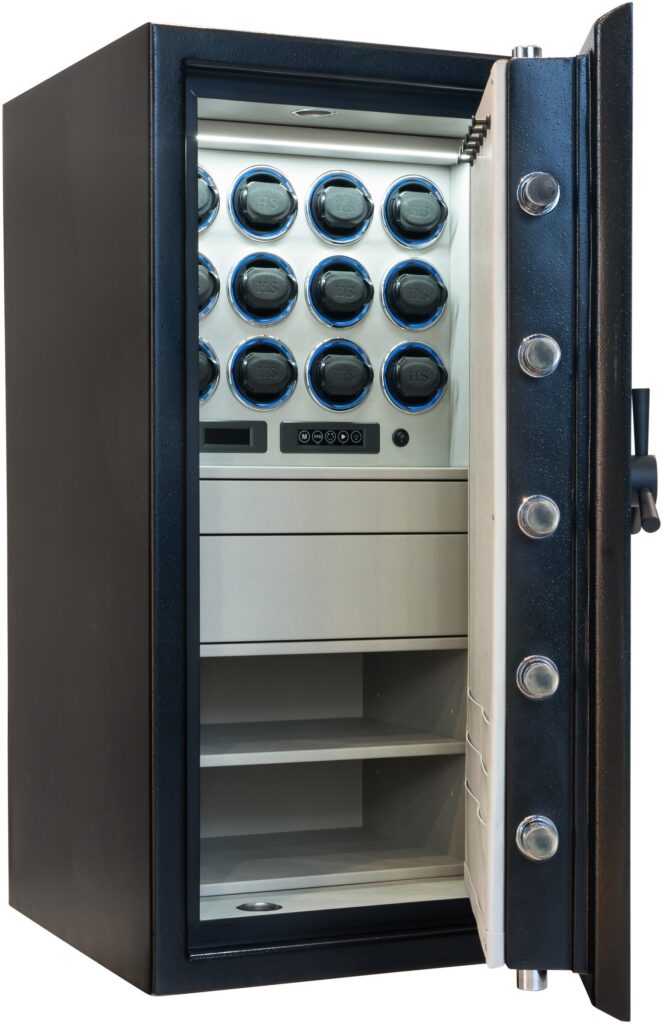 Dominator Plus safe open, showing Heisse & Söhne watch winders, drawers and shelves