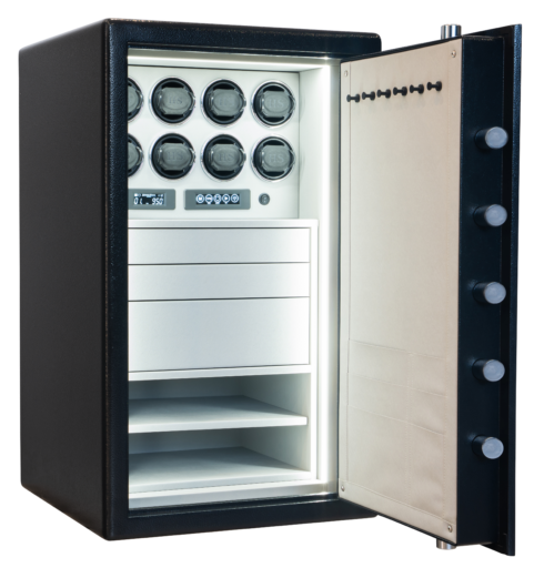 Dominator Plus HS-5 interior, 8 watch winders and 3 drawers.
